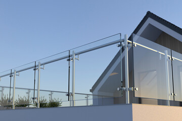 Modern stainless steel railing with glass panel and house, 3D illustration
 - obrazy, fototapety, plakaty