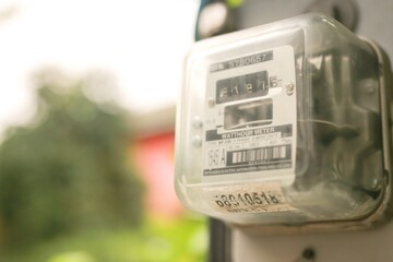 Bangkok, Thailand - 25 Apr 2021: Electricity meter for use in home appliances with a copy area, a...