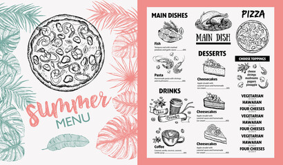 Restaurant food menu design. Summer menu, hand drawn illustrations. Vector food flyer.