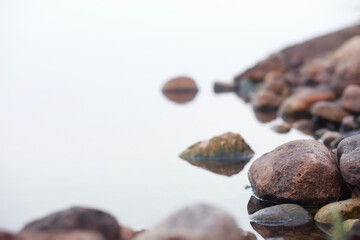 Fog in the lake. Morning nature water white fog.