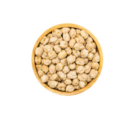 Uncooked dry Chickpeas in wooden bowl on white background, top view.