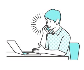 テレワークで働く男性のイラストカット スマホ PC