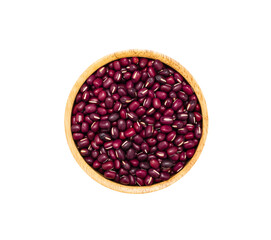 Uncooked dry Adzuki red beans in wooden bowl on white background, top view.