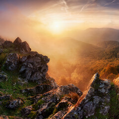 Beautiful summer landscape in the mountains with the sun at dawn - obrazy, fototapety, plakaty