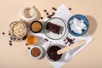 Chocolate face and body scrub. Homemade spa cosmetic recipe. Home beauty concept.