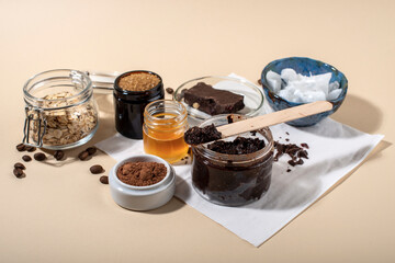 Chocolate face and body scrub. Homemade spa cosmetic recipe. Home beauty concept.