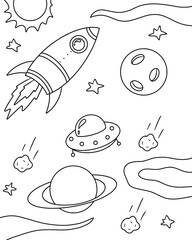 ufo and rocket. Colouring page 