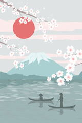 Modern minimalist art abstraction, landscape. Mount Fuji sunrise landscape panorama of Japan, fishermen in boats, lake. Branches with cherry blossoms. Vector graphics.