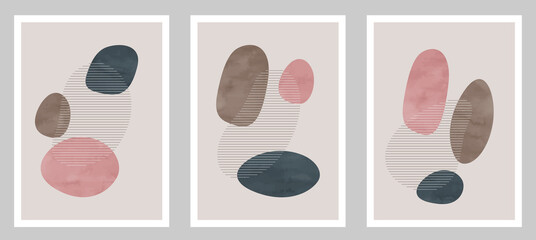 Trendy contemporary set of abstract art, creative minimalist hand painted watercolor compositions for wall decoration, postcard or brochure cover design in vintage style art.  
EPS10 vector.
