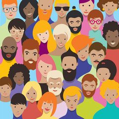 Crowd of people illustration. Crowded group of men, women various nationalities. Vector in flat style.