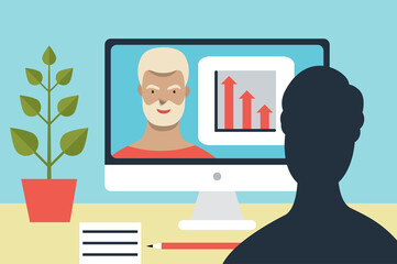 Home office, job interview, video chat. Flat vector ilustration.