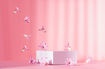 Bright spring mock up for cosmetic and product display with three white square podiums, stream of...