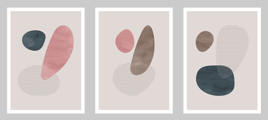 Trendy contemporary set of abstract art, creative minimalist hand painted watercolor compositions for wall decoration, postcard or brochure cover design in vintage style art.  
EPS10 vector.

