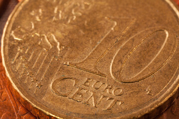 Series of macro shots of euro coins. Obverse of 10 cents. Year of manufacture 2010. Country Spain
