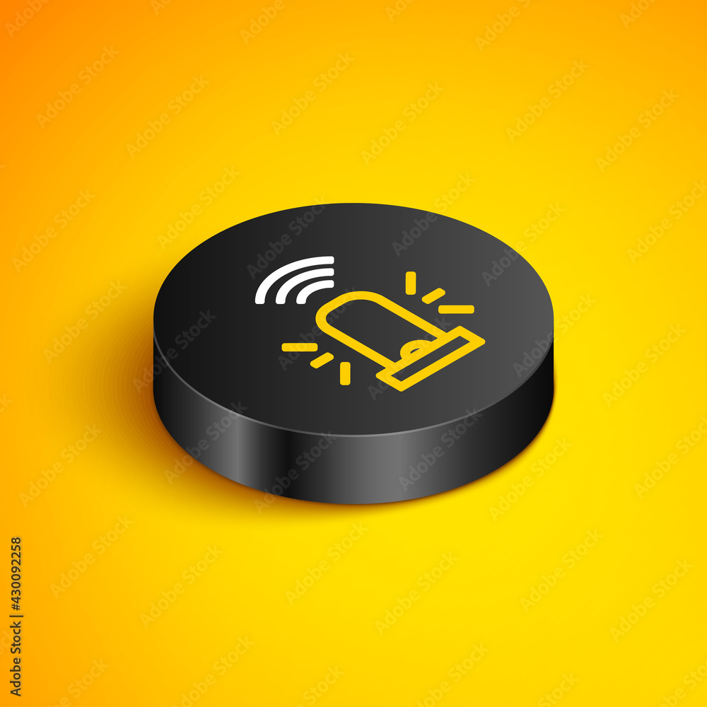 Poster isometric line smart flasher siren system icon isolated on yellow background. emergency flashing sir