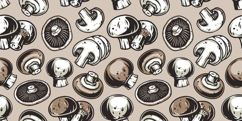 Mushroom picking of champignon. White button mushrooms. Vegetarian fungus cremini for food. Nature fungi portobello for healthy nutrition. Seamless pattern © Casoalfonso