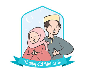 Happy Eid mubarak greeting card with muslim boy and girl flat illustration style. Hand drawn style of islamic holiday festival celebration