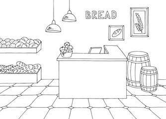 Bakery interior graphic black white sketch illustration vector