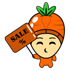 vector cartoon character costume mascot carrot sale with board, perfect for advertising or promotion