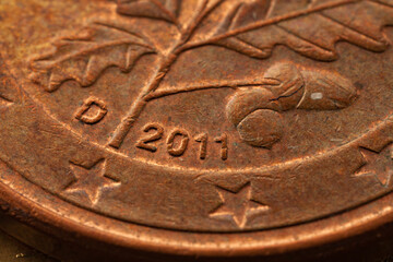 Series of macro shots of euro coins. Reverse of 5 cents. Year of manufacture 2011. Country Germany