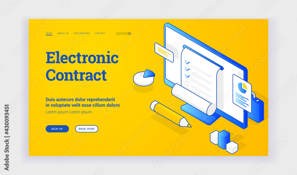 Poster electronic contract. vector illustration of computer monitor with electronic legal contract for busi