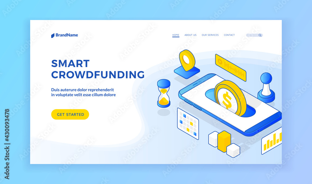 Poster smart crowdfunding. vector iisometric llustration of modern smartphone with coin representing smart 
