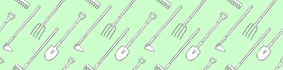 Seamless pattern with garden equipments: shovels, spades, rakes, hoes, pitchforks. Vector backgrounds and textures with tools for working on the farm, in dacha, country site in flat doodle style