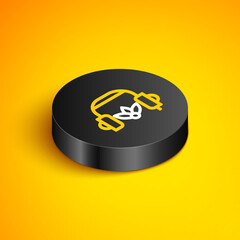 Isometric line Headphones for meditation icon isolated on yellow background. Black circle button. Vector