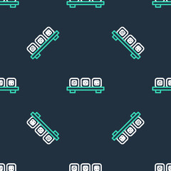 Line Sushi on cutting board icon isolated seamless pattern on black background. Asian food sushi on wooden board. Vector