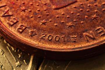 Series of macro shots of euro coins. Reverse of 5 cents. Year of manufacture 2001. Country...