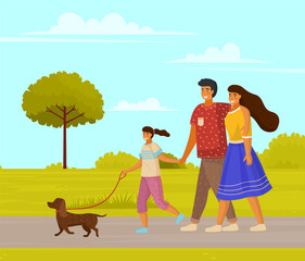 Happy family walking together with small dog along walkway sunny day. Mother, father and daughter family weekend, people walk with pet in summer park. Parents spend time with their child outdoor
