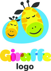 Mother and child giraffe head colorful kid logo. Cute and funny animal family vector illustration isolated on white.
