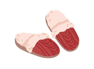 Pair of home winter slippers with knitted top and fur isolated on white background. Interior furry footwear. Women shoes for house. Colored flat vector illustration of female slides