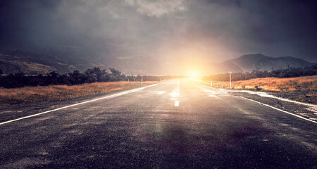 Along the road. Sunset and lightning