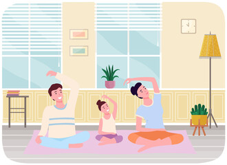 Mother, father and daughter doing yoga in lotus position at home together. Happy family leads healthy lifestyle, joint active pastime, common family sports. Family doing yoga sitting at home on carpet