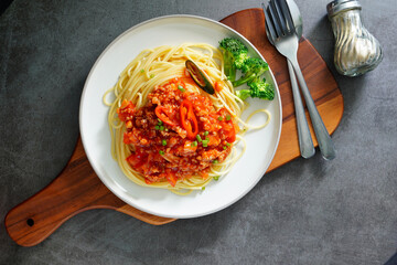 Spaghetti with pork tomato sauce ,Home made food menu easy to eat