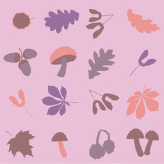 autumn forest maple leaves chestnut mushrooms acorns attractive cute fashion seamless sunny purple pink