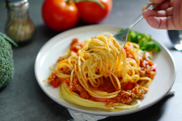 Spaghetti with pork tomato sauce ,Home made food menu easy to eat
