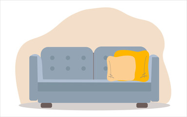 A comfortable sofa on a white background with two pillows. Isolated blue sofa in the interior. Vector icon