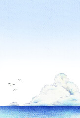 海と入道雲の青空の背景　縦　手描き色鉛筆画