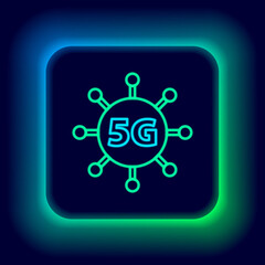 Glowing neon line 5G new wireless internet wifi connection icon isolated on black background. Global network high speed connection data rate technology. Colorful outline concept. Vector