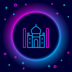 Glowing neon line Taj Mahal mausoleum in Agra, Indiaicon isolated on black background. Colorful outline concept. Vector