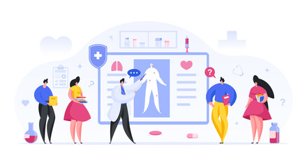 Colorful vector illustration of male lecturer speaking and showing human body scheme to students during lesson in modern medical university