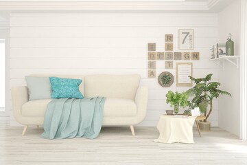 Soft color living room with sofa. Scandinavian interior design. 3D illustration
