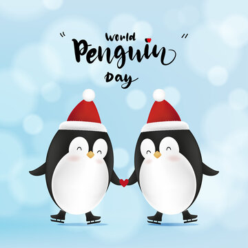 World Penguin Day, April 25, A pair of cute little penguins in love hold hands with red heart. Vector illustration animal family or couple on blurry bokeh background