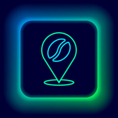 Glowing neon line Location with coffee bean icon isolated on black background. Colorful outline concept. Vector