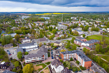 view from above of the Dobele city, city center buildings, streets and parks, Latvia