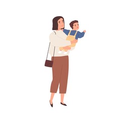 Young mother holding baby in hands and walking. Modern mom carrying little child, staring and pointing at smth. Colored flat vector illustration of mum and kid isolated on white background