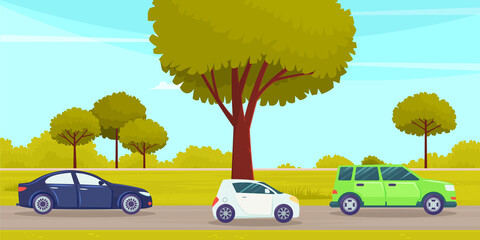 Cars drive on an asphalt road in countryside against green forest with large trees. Country road and street vehicle summertime flat vector. Car tourism, family auto trip, journey, automobile transport