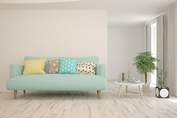 Soft color living room with sofa. Scandinavian interior design. 3D illustration